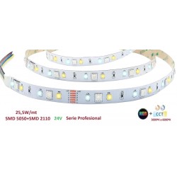 Tira LED Flexible 24V 25,5W/mt 180L/m SMD5050+SMD2110 IP20 RGB+CCT, Serie Profesional, venta por metros